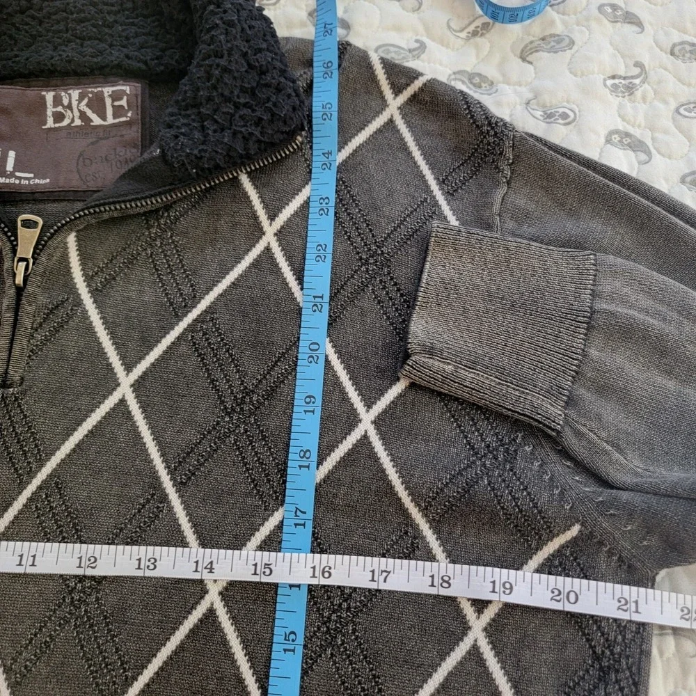 BKE Buckle Argyle 1/4 Zip Fleece Collar Pullover Mens Large 100% Cotton
